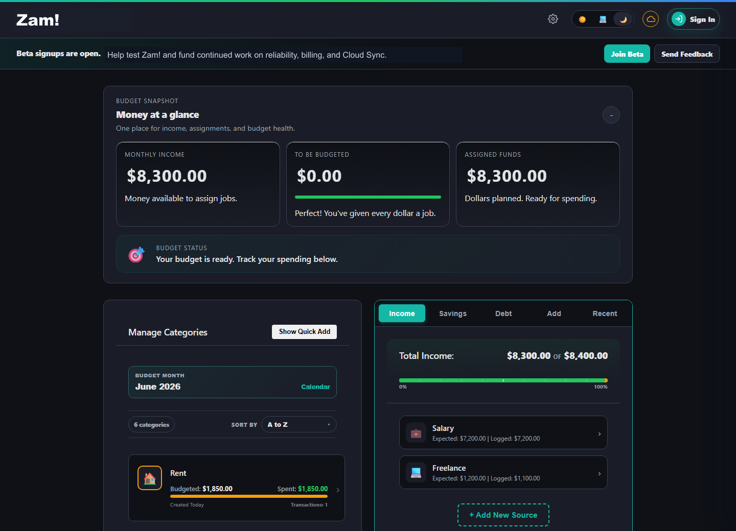 Zam! income tab showing expected income, logged income, and income source cards