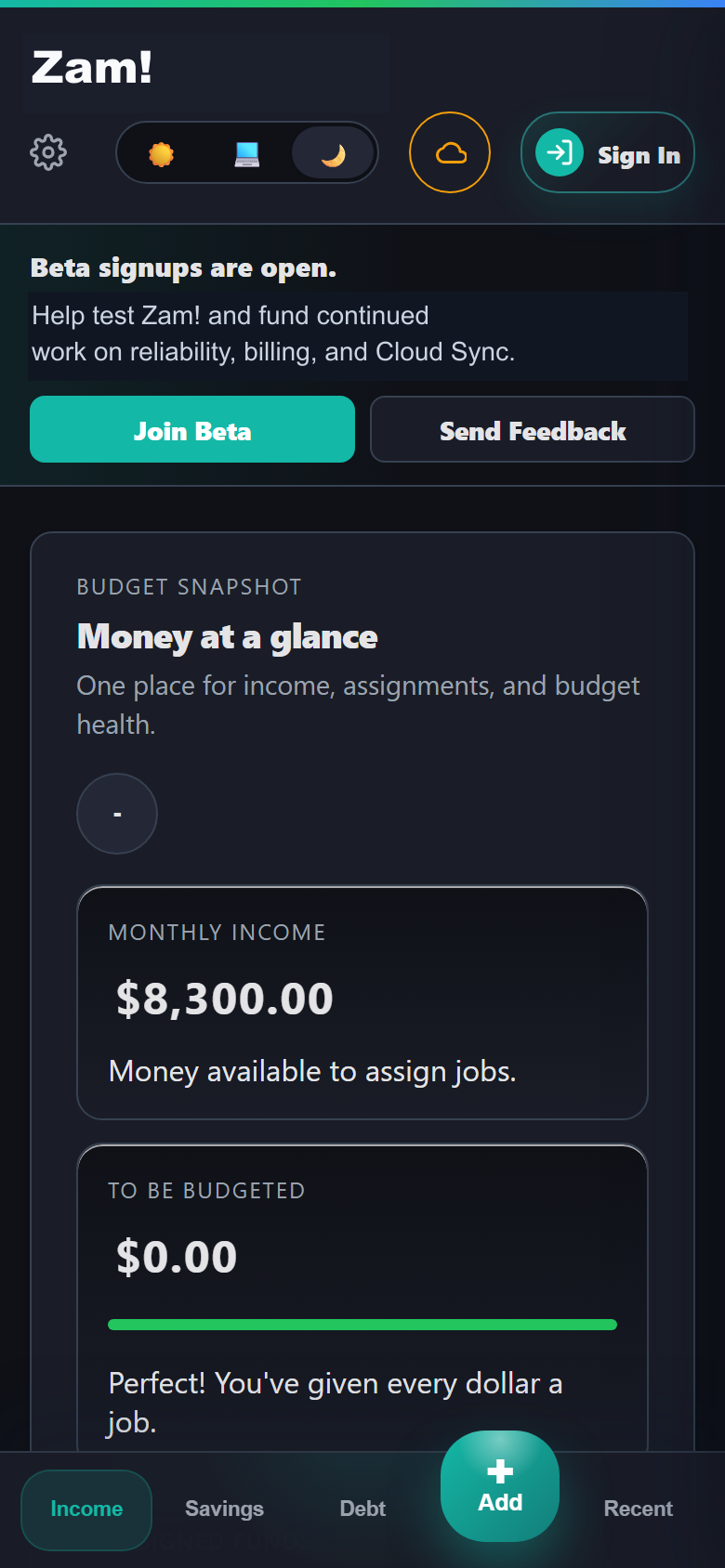 Zam! mobile dashboard showing beta actions, budget snapshot, and bottom navigation