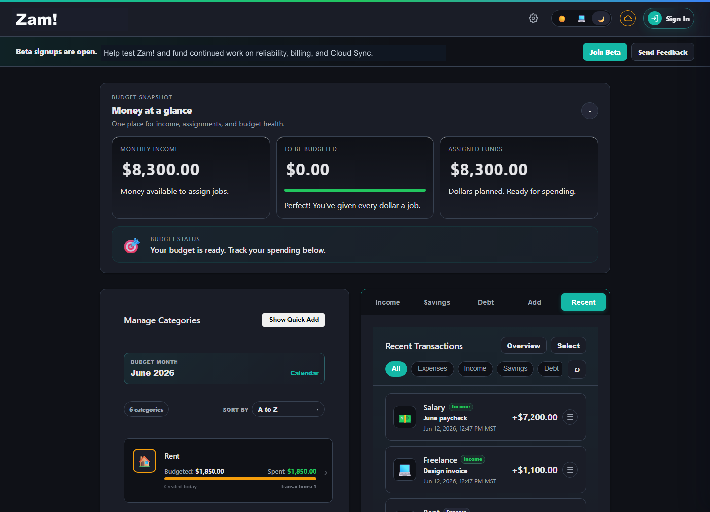 Zam! recent transactions view showing transaction filters and recent income entries