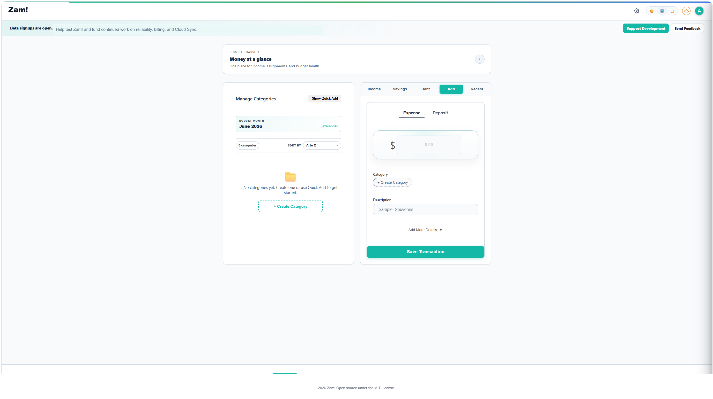 Zam! dashboard showing budget categories and positive balance tracking